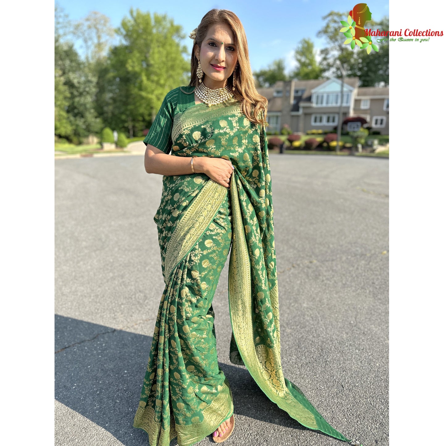 Maharani's Pure Banarasi Khaddi Georgette Saree - Bottle Green (with Stitched Blouse and Petticoat)