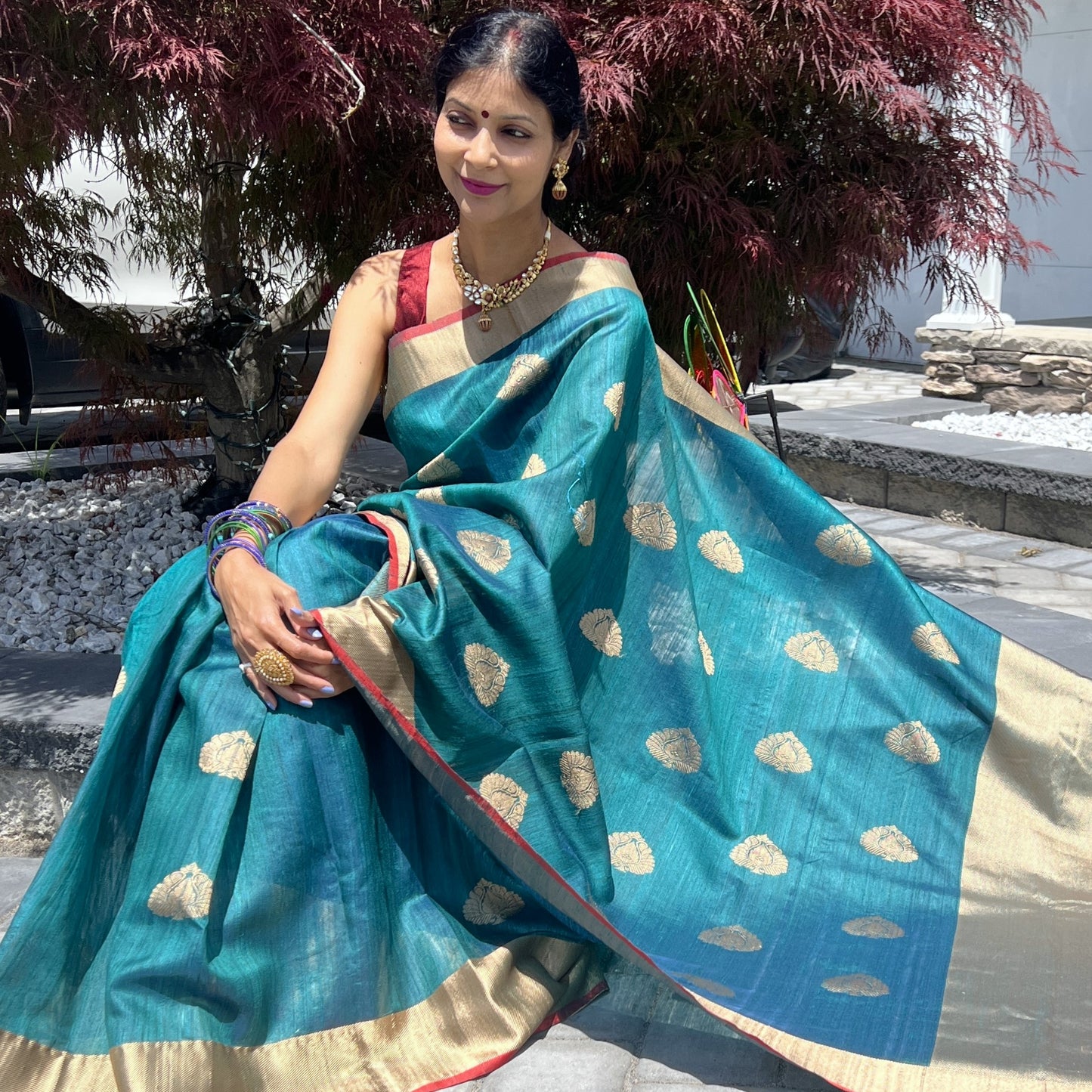 Maharani's Pure Tussar Silk Saree (Silk Mark) - Pine Green (with Stitched Blouse & Petticoat)
