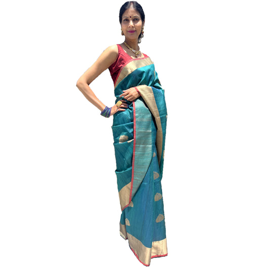 Maharani's Pure Tussar Silk Saree (Silk Mark) - Pine Green (with Stitched Blouse & Petticoat)