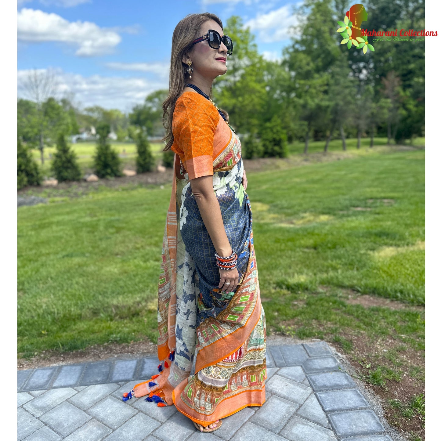 Maharani's Simple Elegance Matka Silk Saree - Orange and Blue (with stitched blouse and petticoat)