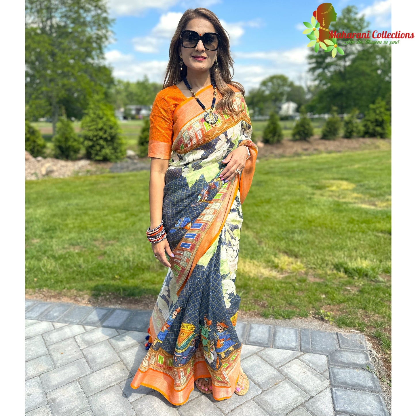 Maharani's Simple Elegance Matka Silk Saree - Orange and Blue (with stitched blouse and petticoat)