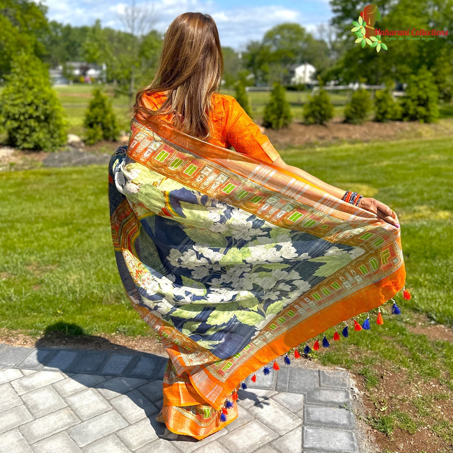 Maharani's Simple Elegance Matka Silk Saree - Orange and Blue (with stitched blouse and petticoat)