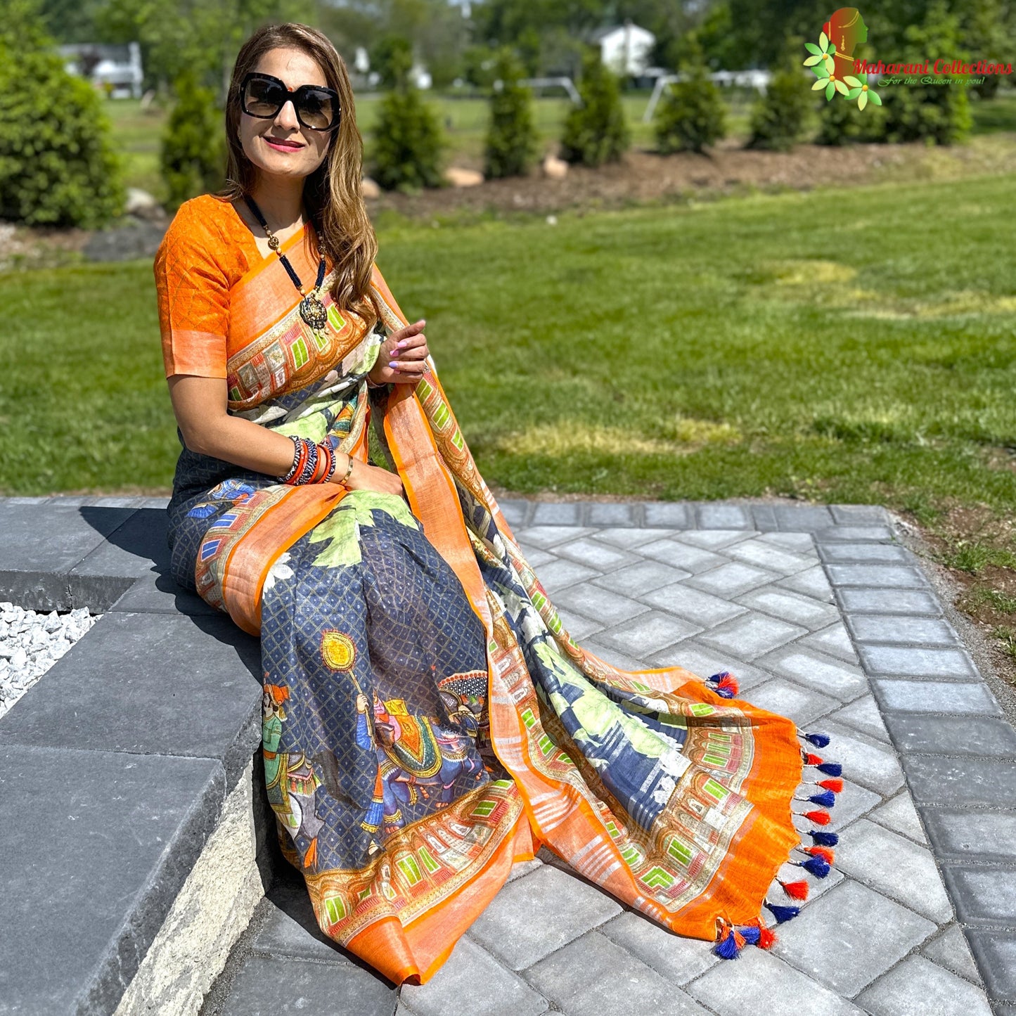 Maharani's Simple Elegance Matka Silk Saree - Orange and Blue (with stitched blouse and petticoat)
