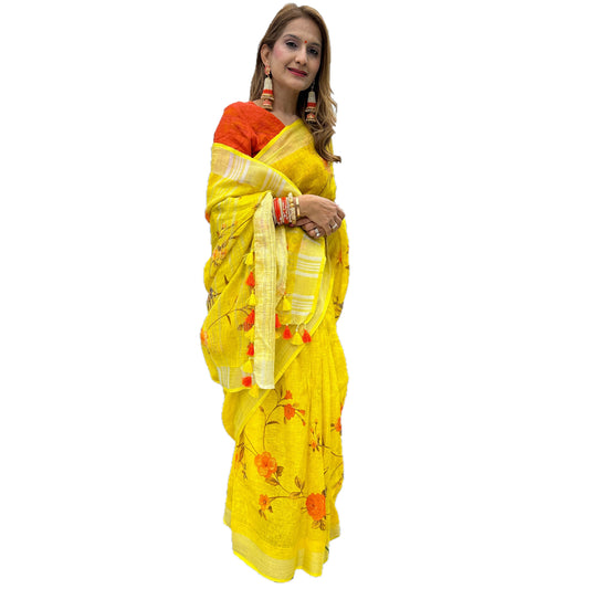 Maharani's Simple Elegance Matka Silk Saree - Auspicious Yellow (with stitched blouse and petticoat)
