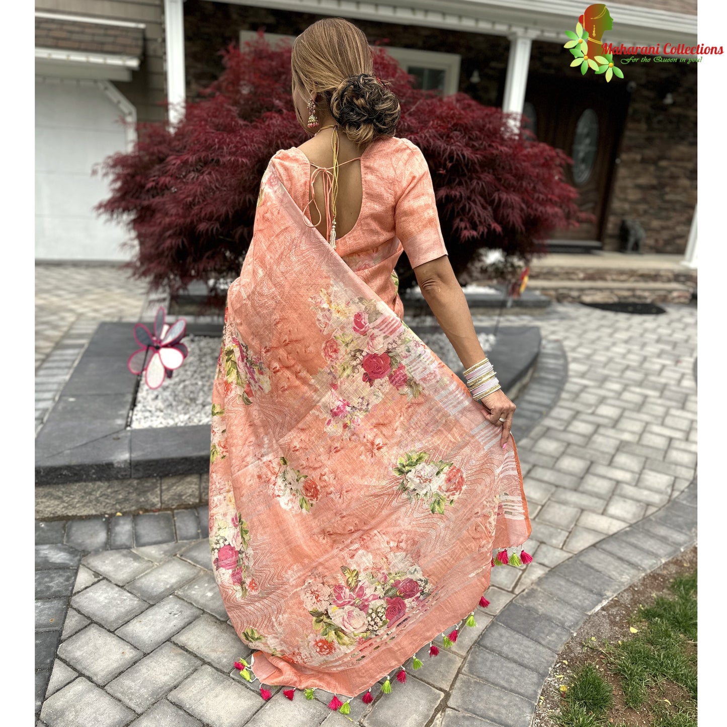 Maharani's Simple Elegance Matka Silk Saree - Peach (with stitched blouse and petticoat)