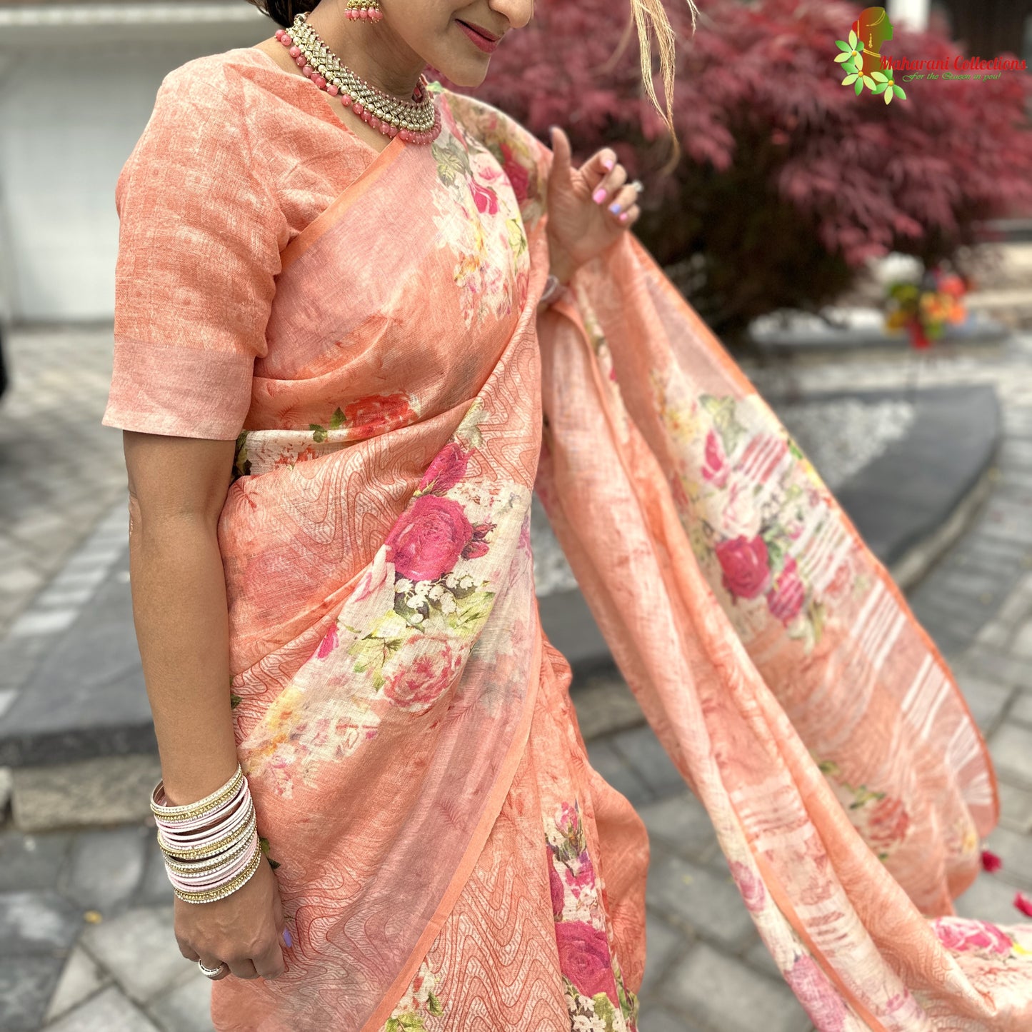 Maharani's Simple Elegance Matka Silk Saree - Peach (with stitched blouse and petticoat)