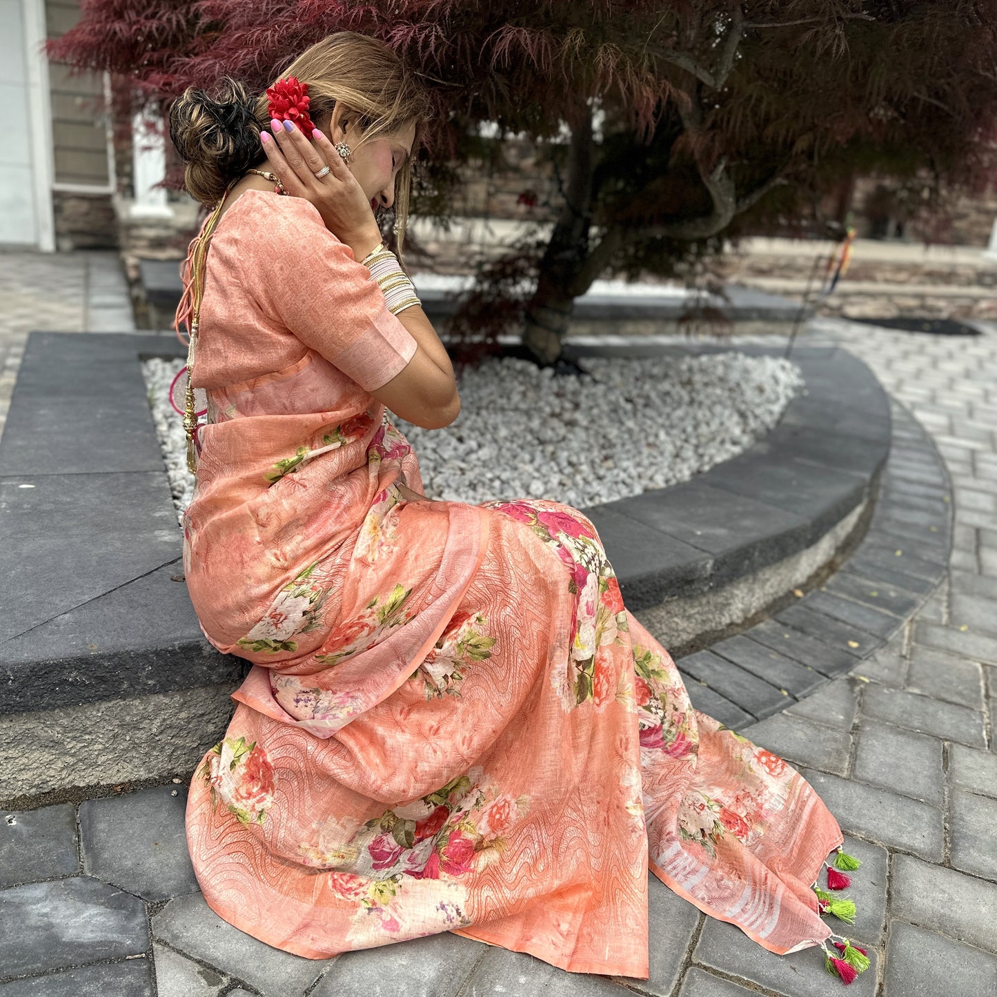 Maharani's Simple Elegance Matka Silk Saree - Peach (with stitched blouse and petticoat)