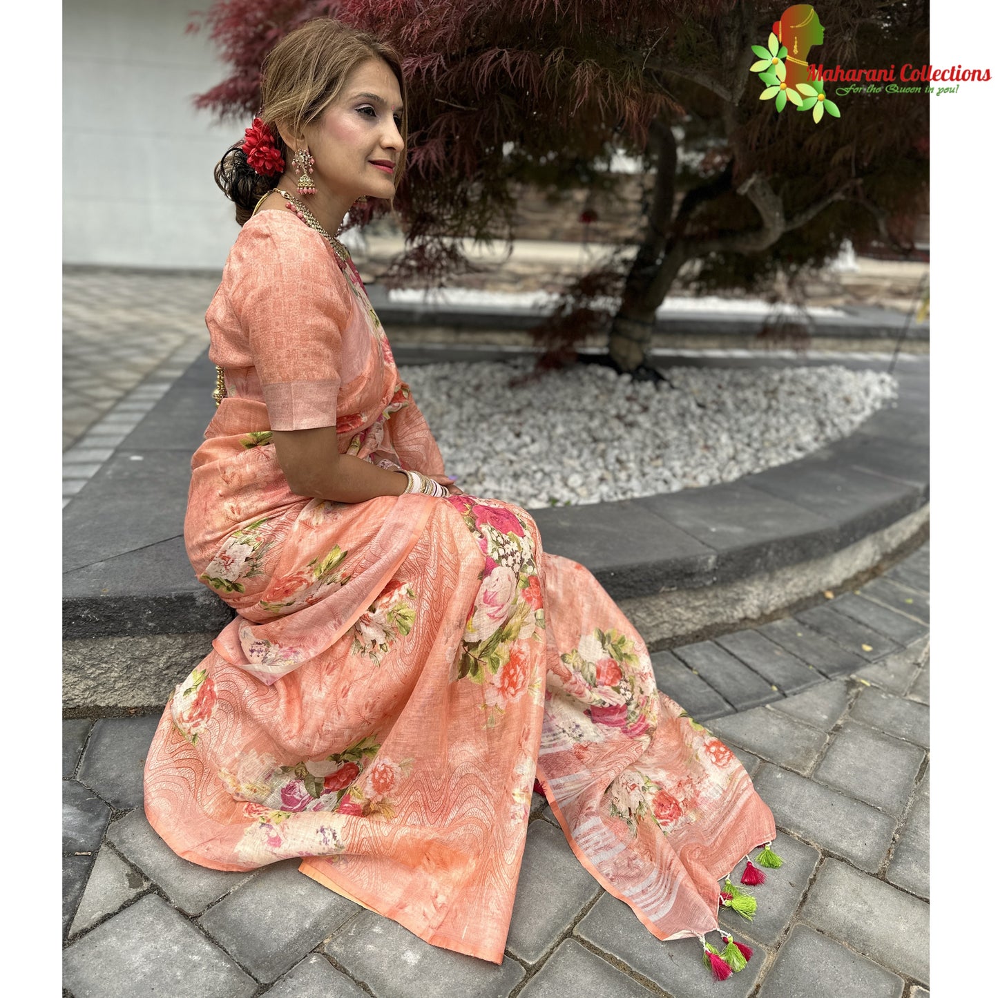 Maharani's Simple Elegance Matka Silk Saree - Peach (with stitched blouse and petticoat)