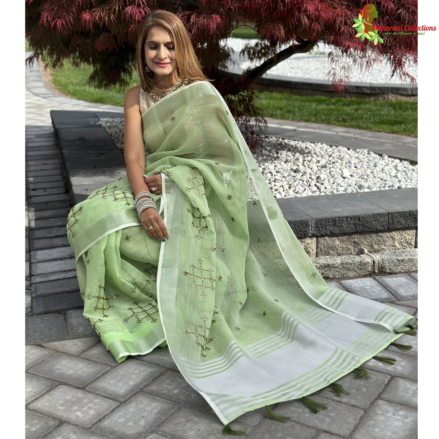 Maharani's Simple Elegance Matka Silk Saree - Green (with stitched blouse and petticoat)