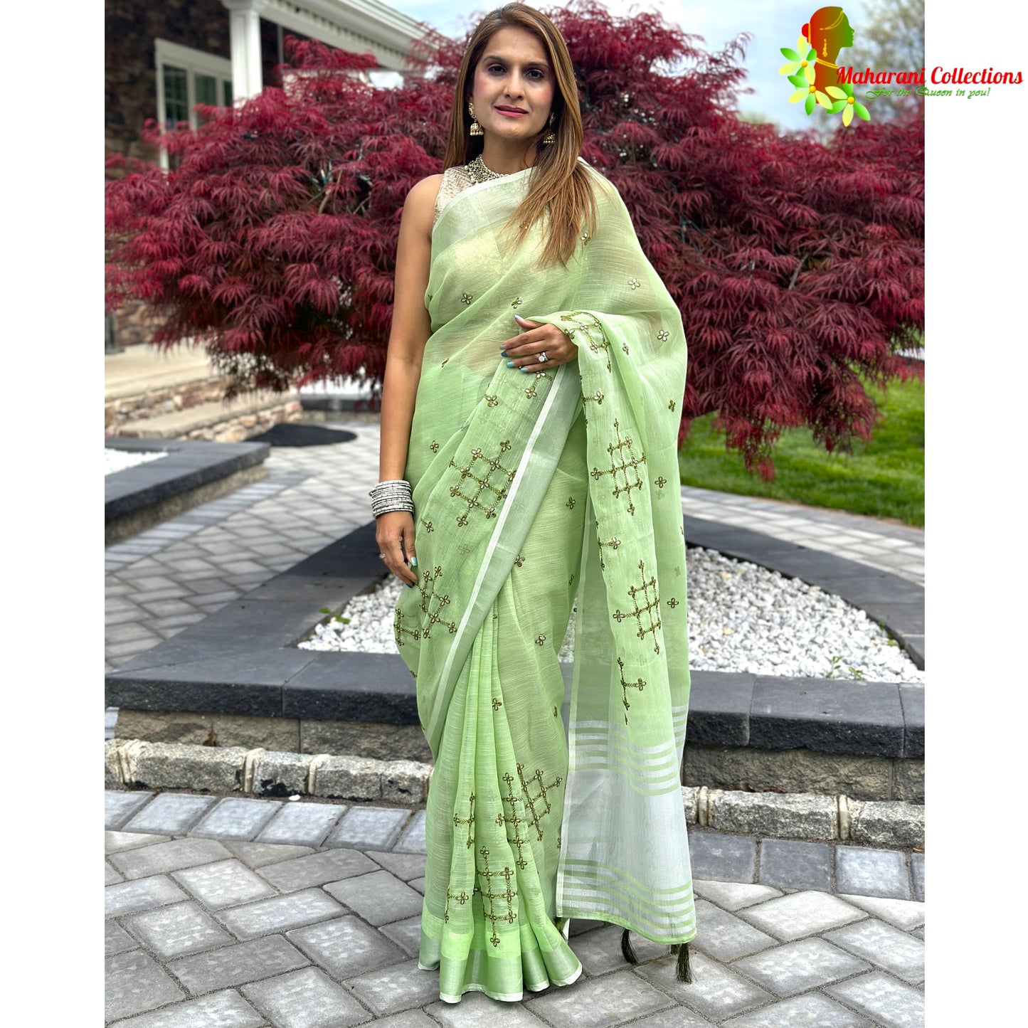 Maharani's Simple Elegance Matka Silk Saree - Green (with stitched blouse and petticoat)
