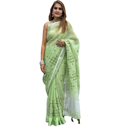 Maharani's Simple Elegance Matka Silk Saree - Green (with stitched blouse and petticoat)