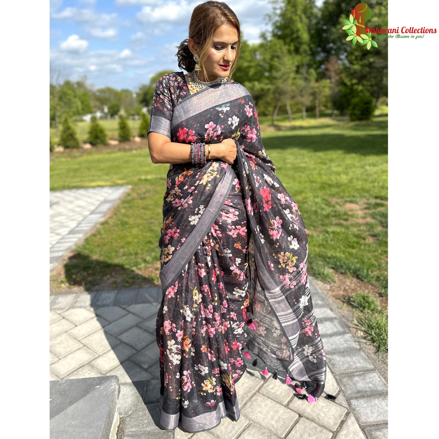 Maharani's Simple Elegance Matka Silk Saree - Floral Grey (with stitched blouse and petticoat)