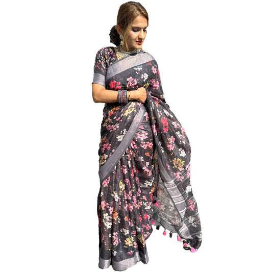 Maharani's Simple Elegance Matka Silk Saree - Floral Grey (with stitched blouse and petticoat)