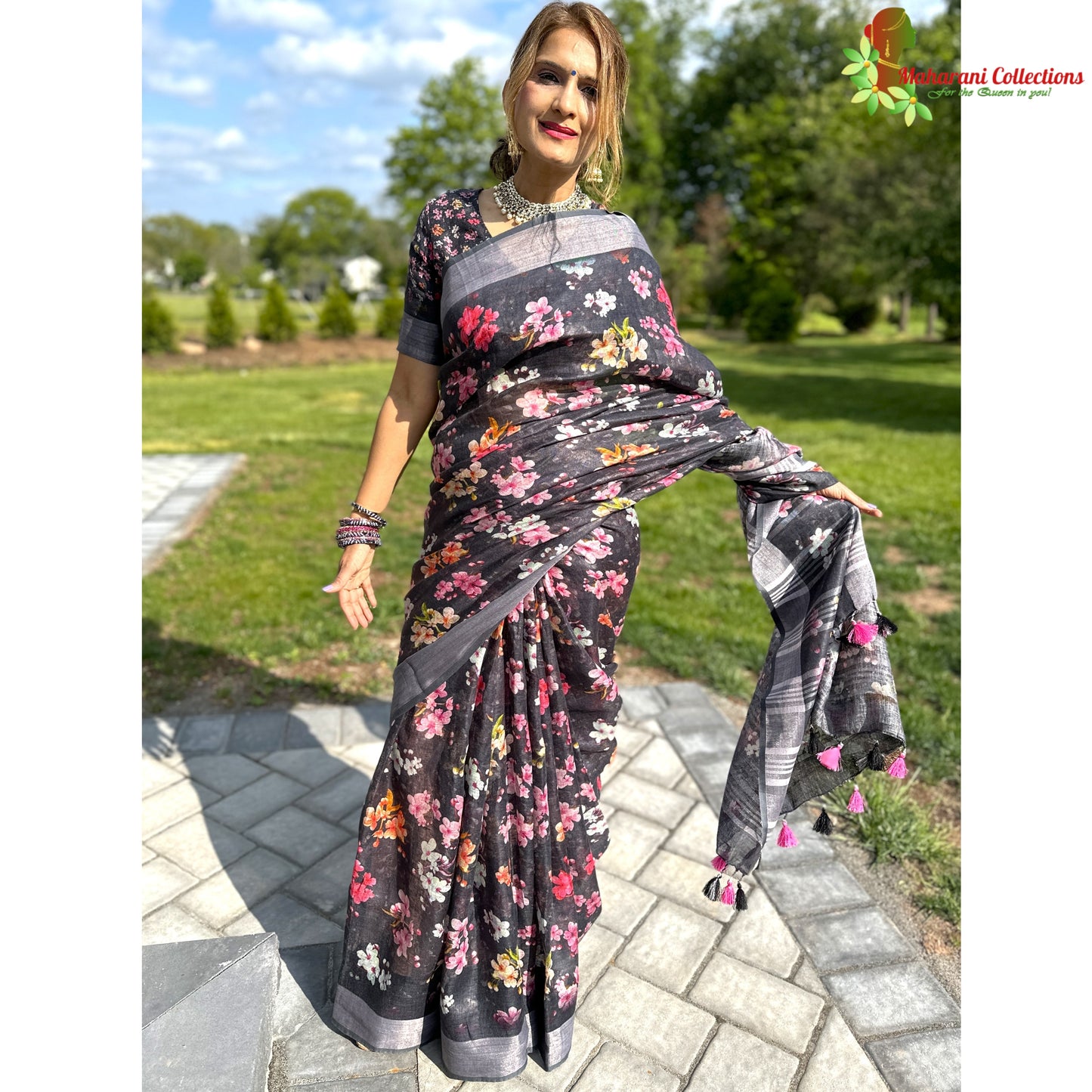 Maharani's Simple Elegance Matka Silk Saree - Floral Grey (with stitched blouse and petticoat)