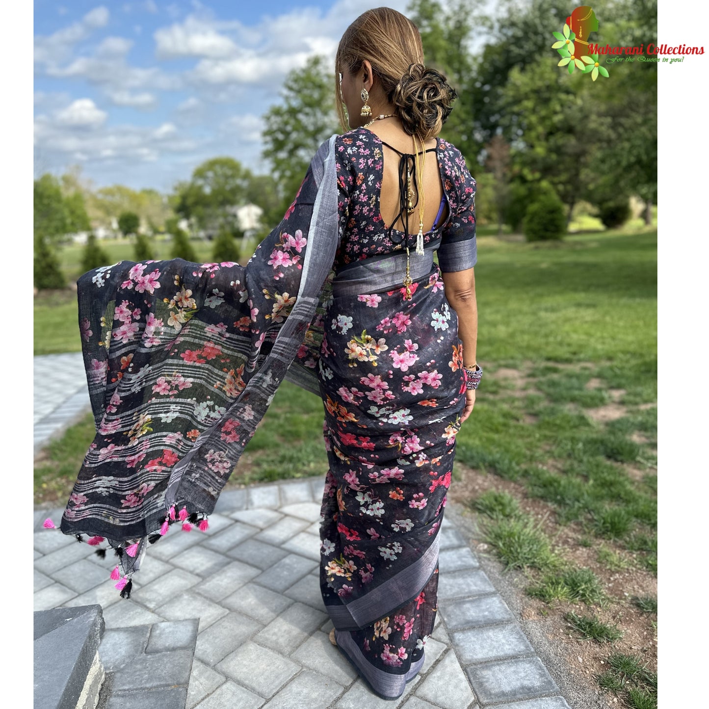 Maharani's Simple Elegance Matka Silk Saree - Floral Grey (with stitched blouse and petticoat)