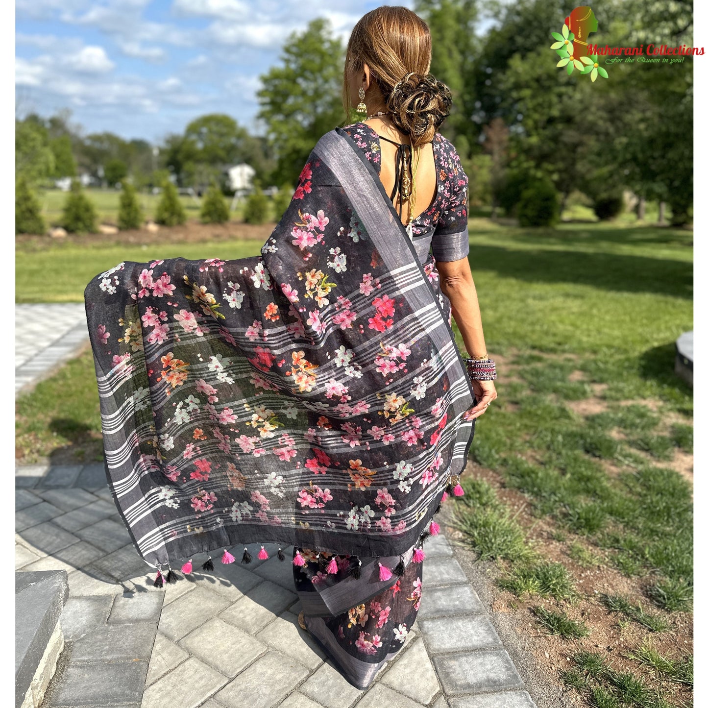 Maharani's Simple Elegance Matka Silk Saree - Floral Grey (with stitched blouse and petticoat)