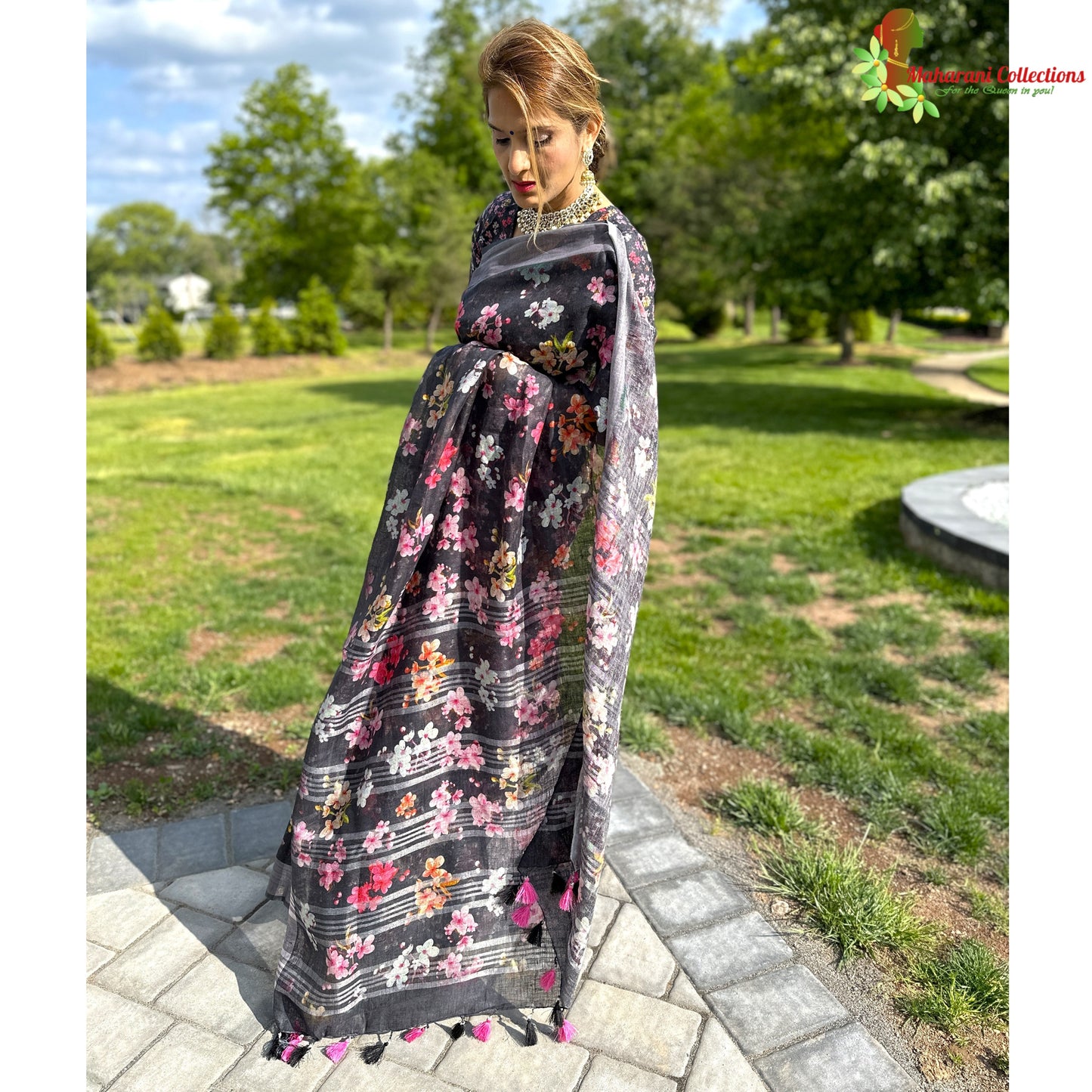 Maharani's Simple Elegance Matka Silk Saree - Floral Grey (with stitched blouse and petticoat)
