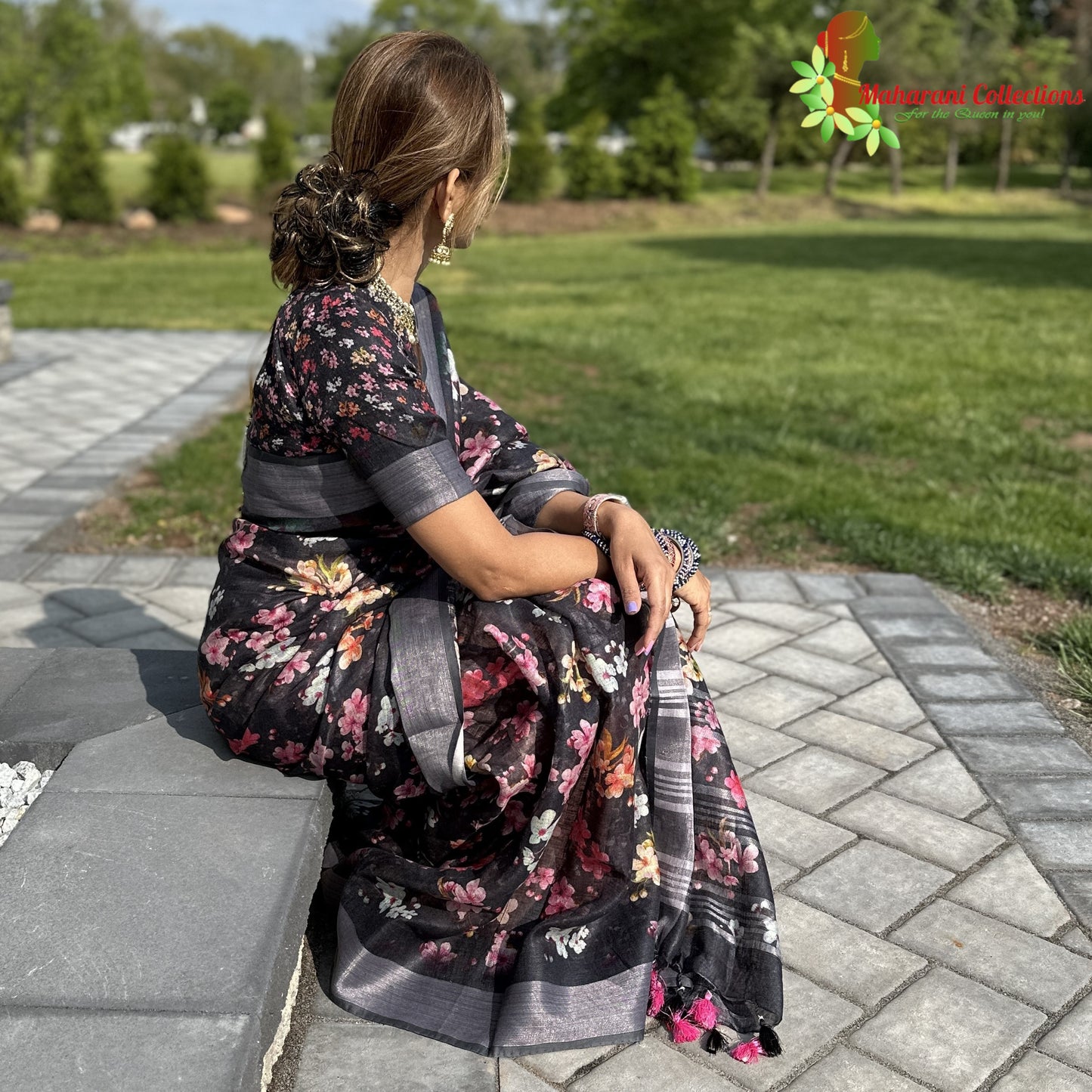 Maharani's Simple Elegance Matka Silk Saree - Floral Grey (with stitched blouse and petticoat)