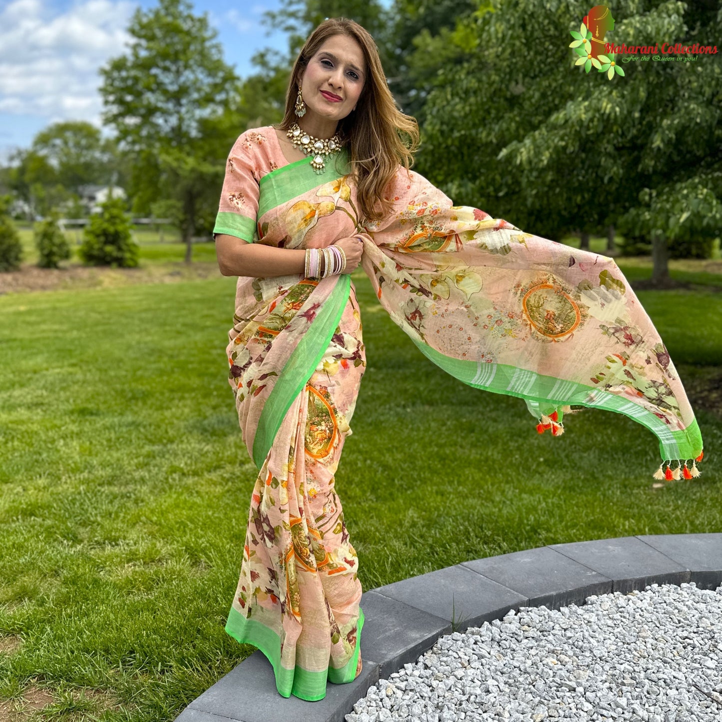 Maharani's Simple Elegance Matka Silk Saree - Peach (with stitched blouse and petticoat)