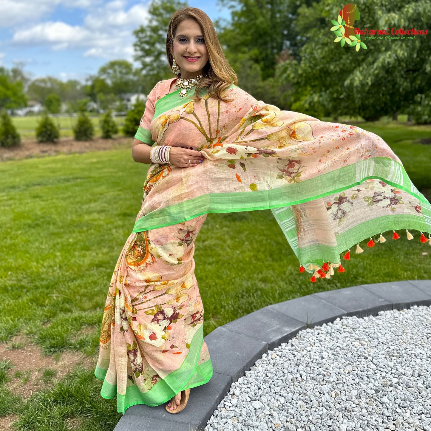 Maharani's Simple Elegance Matka Silk Saree - Peach (with stitched blouse and petticoat)