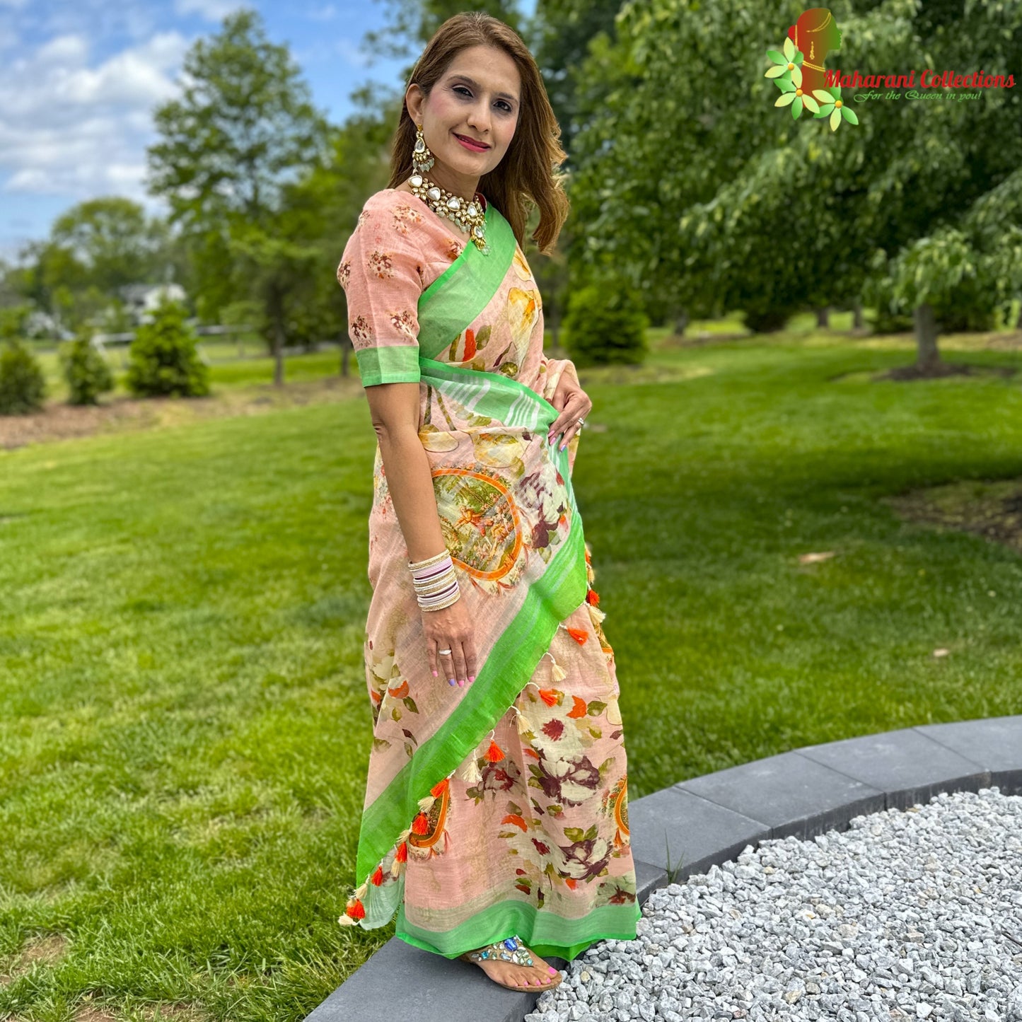 Maharani's Simple Elegance Matka Silk Saree - Peach (with stitched blouse and petticoat)