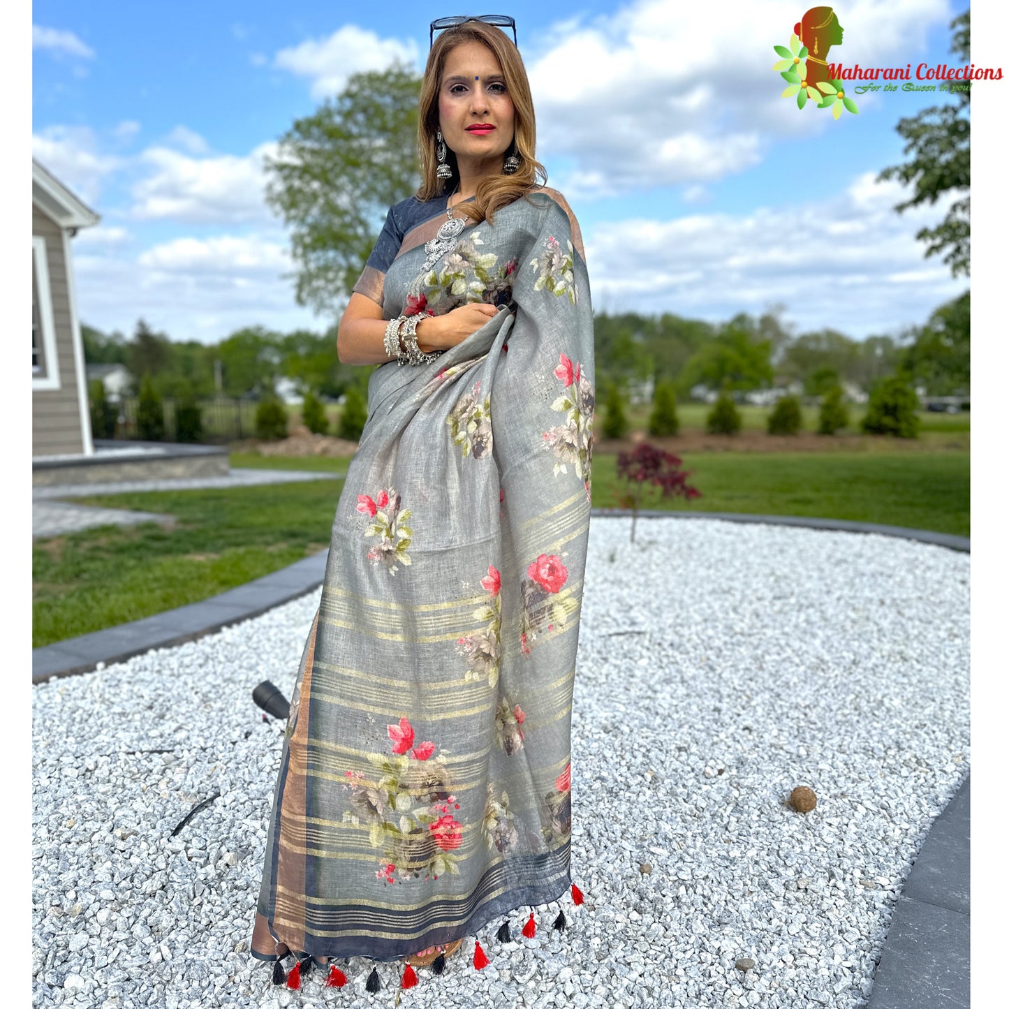 Maharani's Simple Elegance Matka Silk Saree - Floral Grey (with stitched blouse and petticoat)