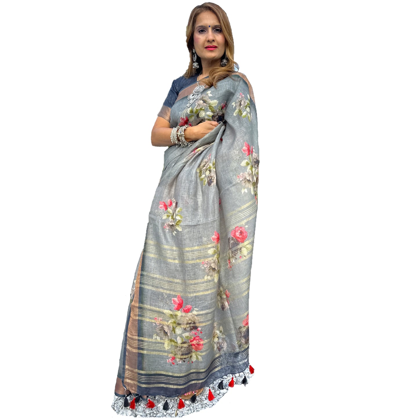 Maharani's Simple Elegance Matka Silk Saree - Floral Grey (with stitched blouse and petticoat)