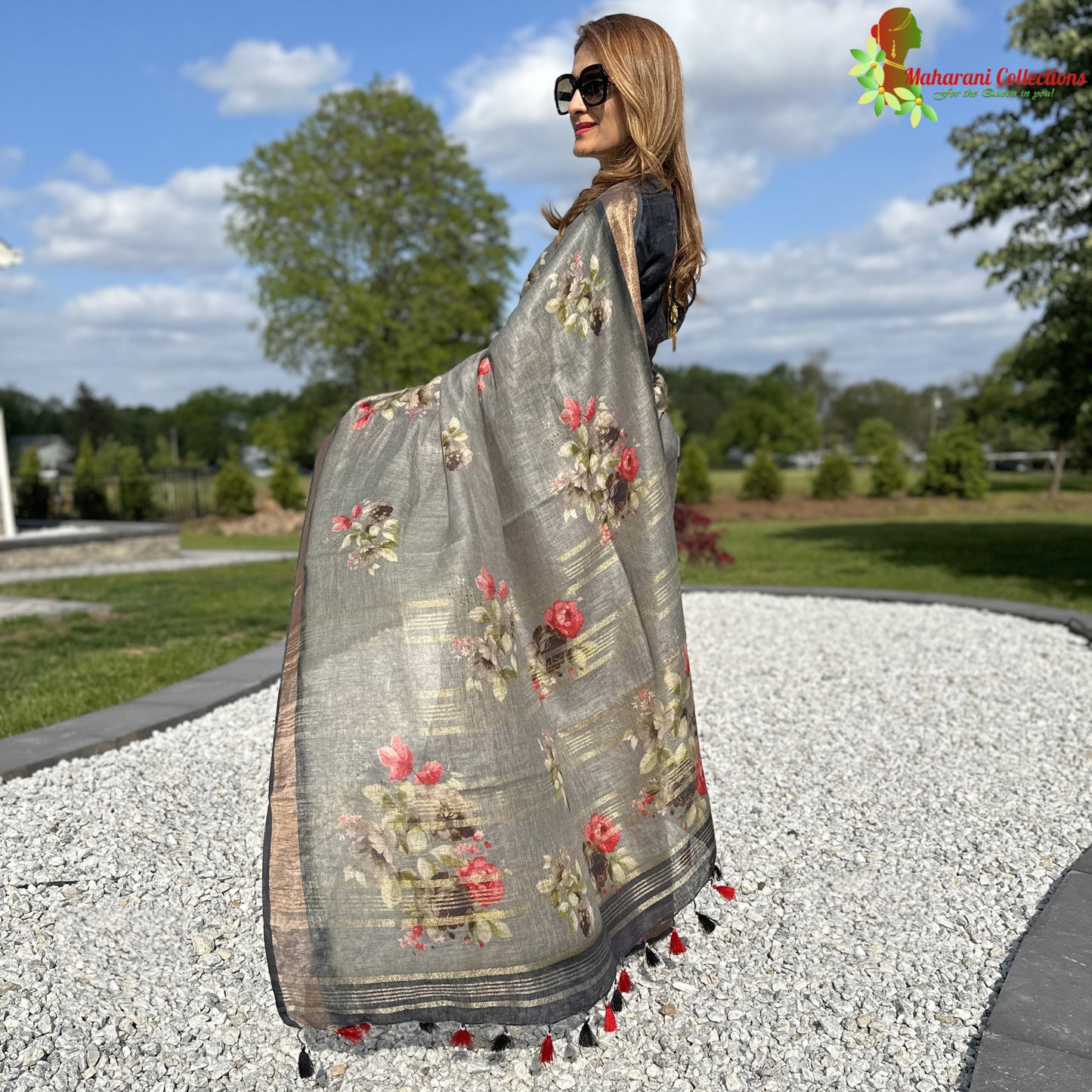 Maharani's Simple Elegance Matka Silk Saree - Floral Grey (with stitched blouse and petticoat)