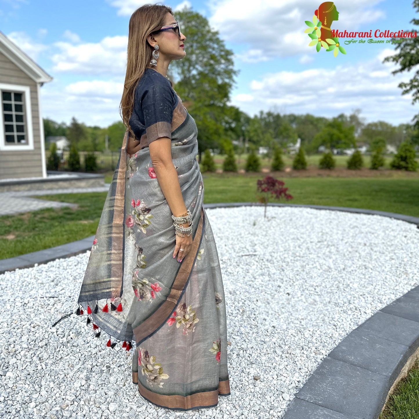 Maharani's Simple Elegance Matka Silk Saree - Floral Grey (with stitched blouse and petticoat)