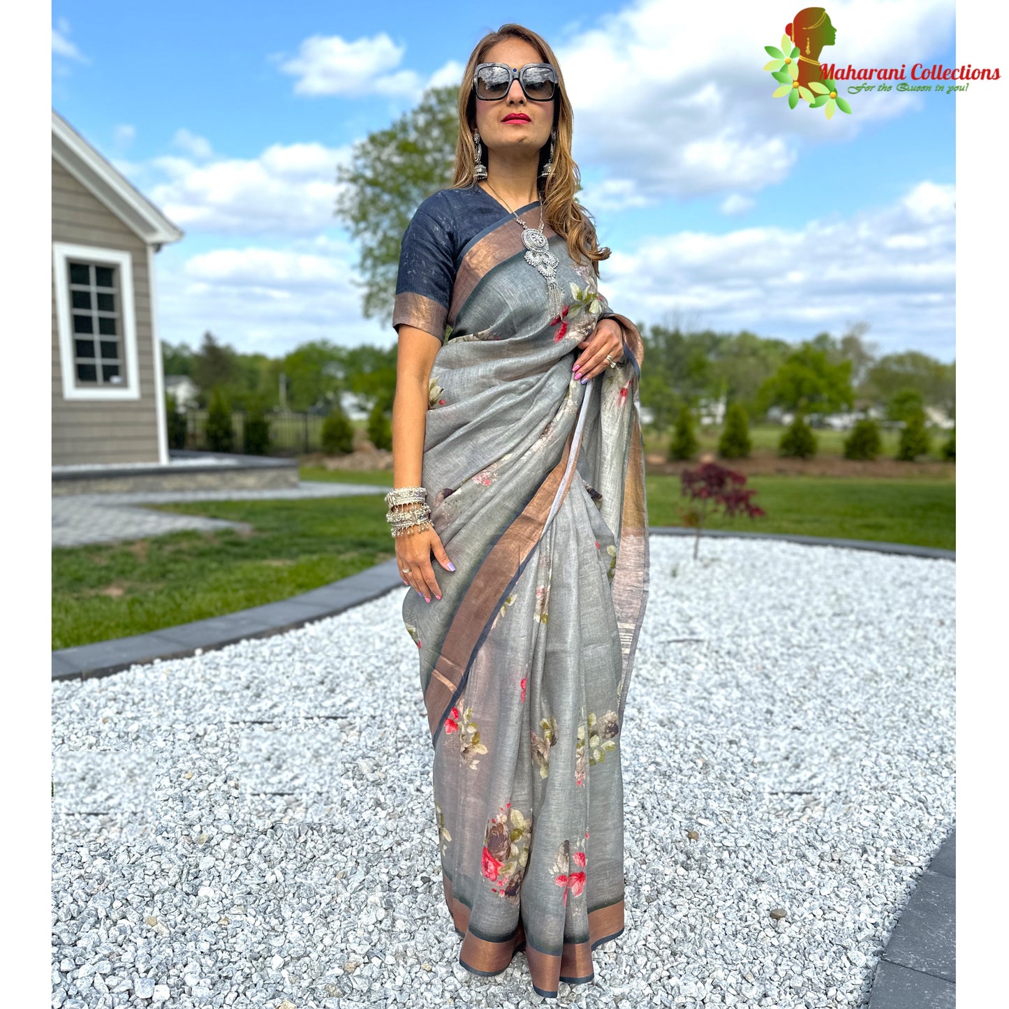 Maharani's Simple Elegance Matka Silk Saree - Floral Grey (with stitched blouse and petticoat)