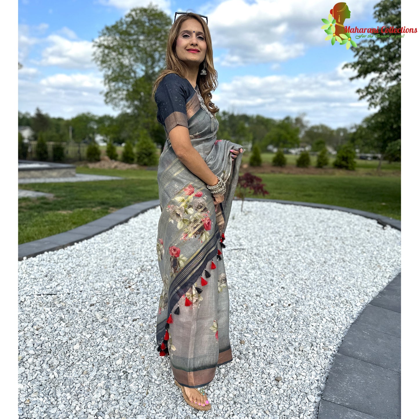 Maharani's Simple Elegance Matka Silk Saree - Floral Grey (with stitched blouse and petticoat)