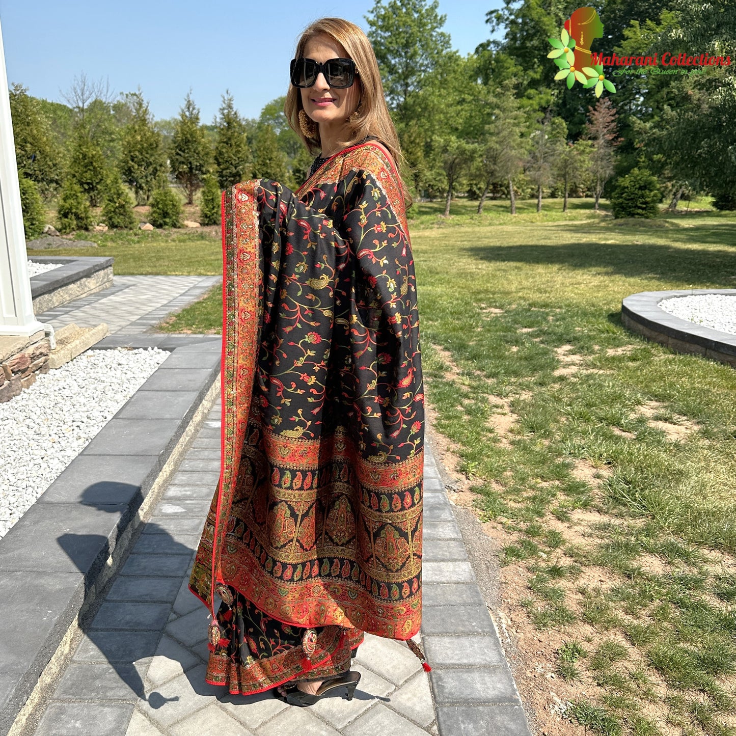 Maharani's Pure Banarasi Jamdani Silk Saree - Black Floral (with stitched blouse and petticoat)