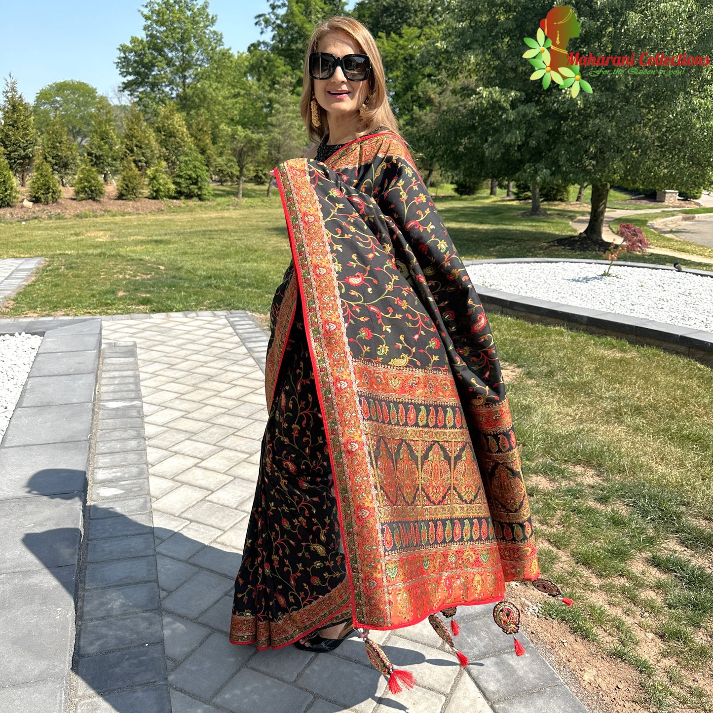 Maharani's Pure Banarasi Jamdani Silk Saree - Black Floral (with stitched blouse and petticoat)