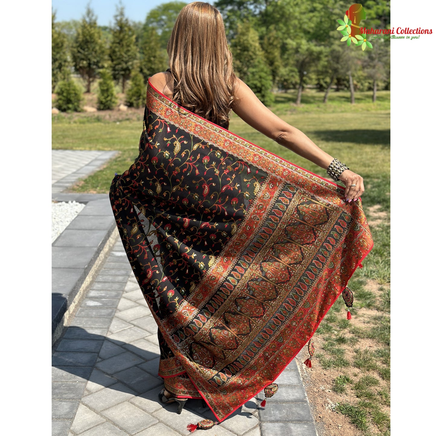 Maharani's Pure Banarasi Jamdani Silk Saree - Black Floral (with stitched blouse and petticoat)