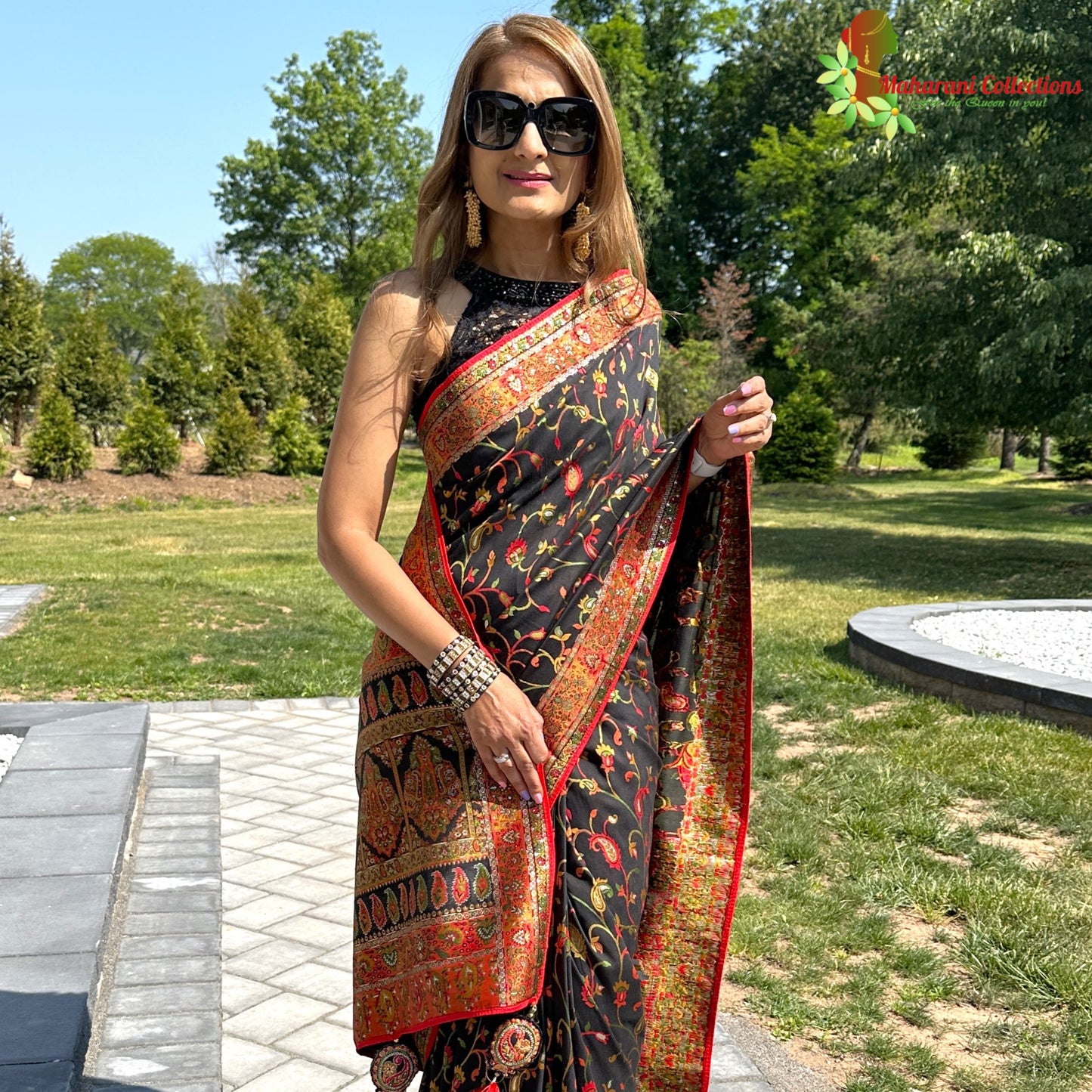Maharani's Pure Banarasi Jamdani Silk Saree - Black Floral (with stitched blouse and petticoat)