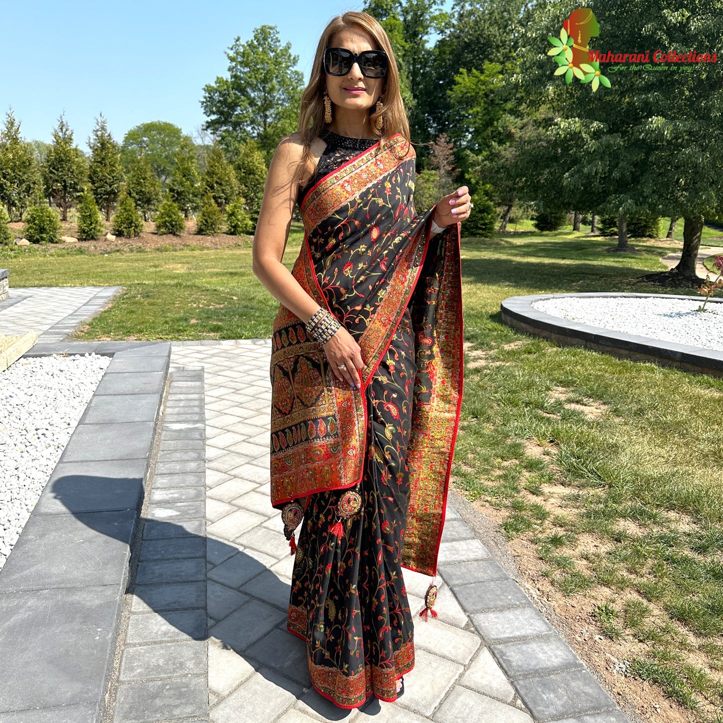 Maharani's Pure Banarasi Jamdani Silk Saree - Black Floral (with stitched blouse and petticoat)