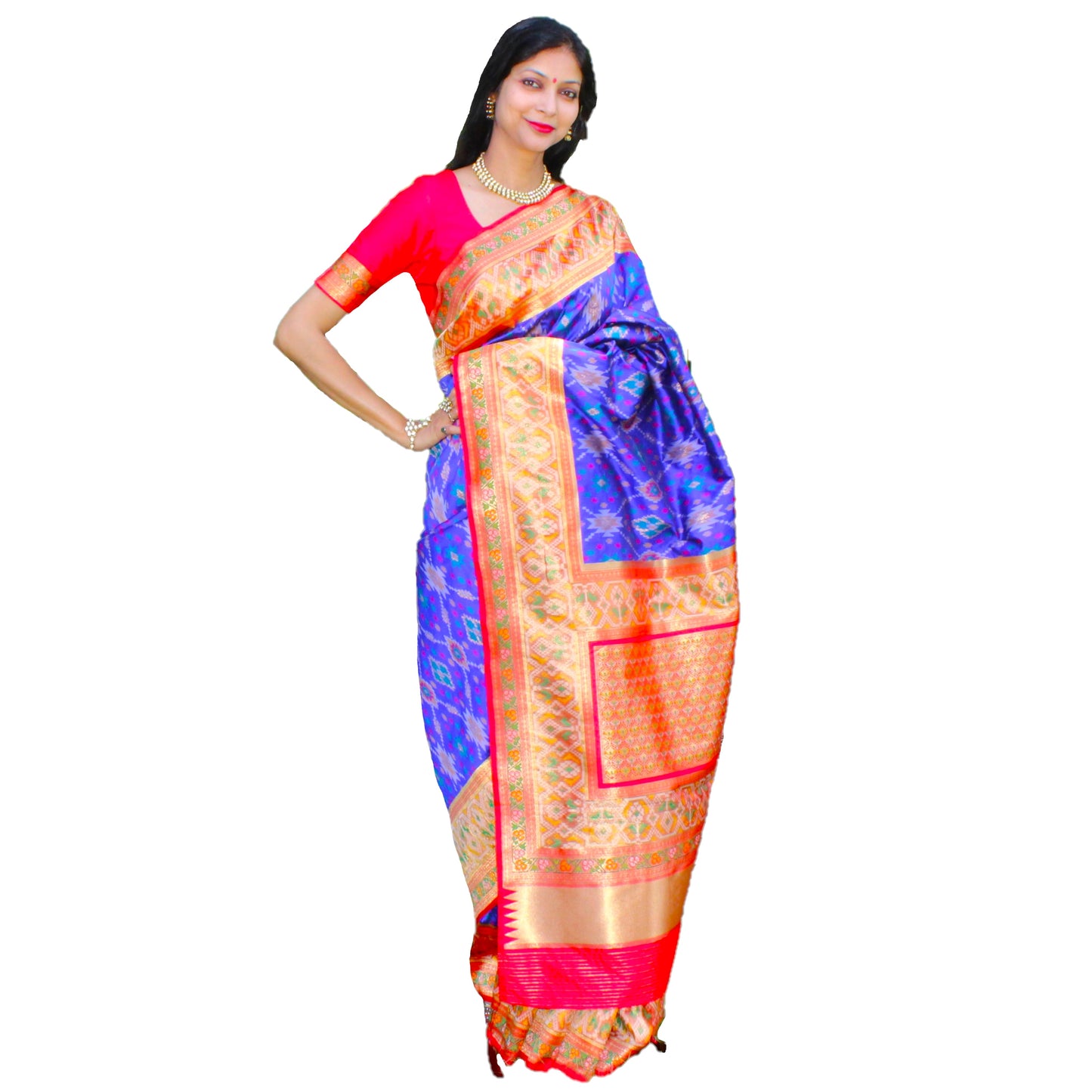 Maharani's Pure Banarasi Ikkat Patola Silk Saree - Robin Blue (with Stitched Blouse and Petticoat)