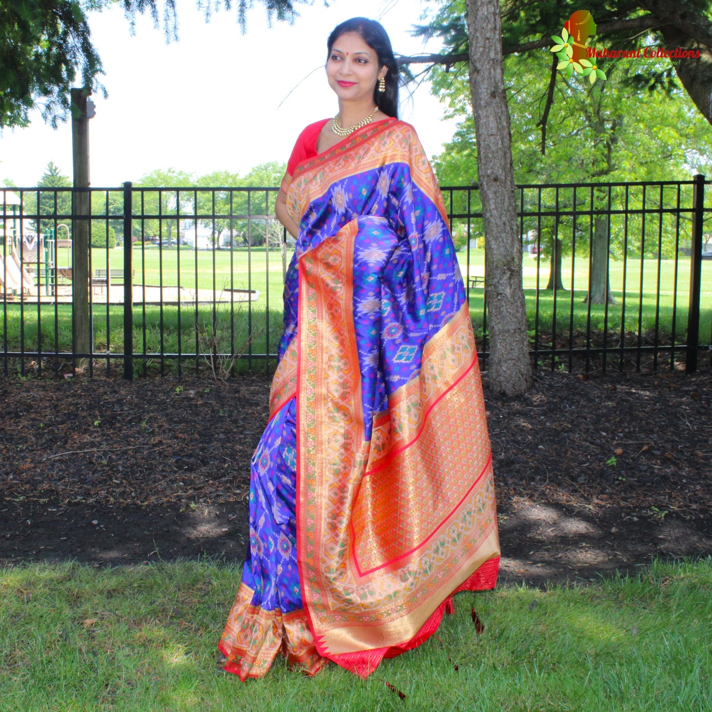 Maharani's Pure Banarasi Ikkat Patola Silk Saree - Robin Blue (with Stitched Blouse and Petticoat)