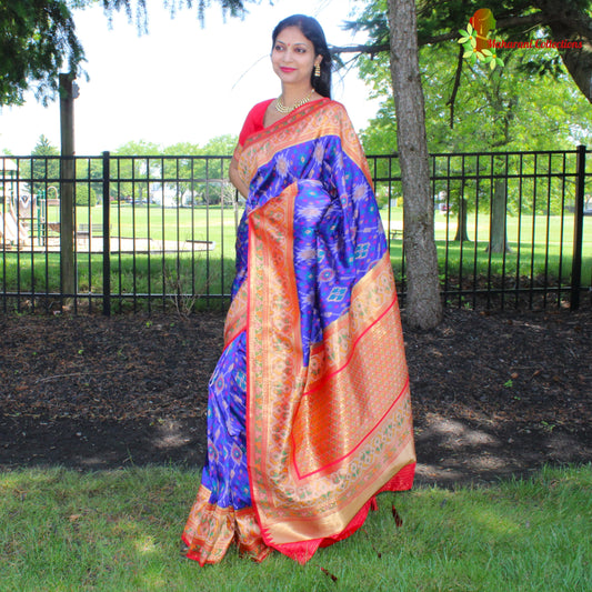 Maharani's Pure Banarasi Ikkat Patola Silk Saree - Robin Blue (with Stitched Blouse and Petticoat)