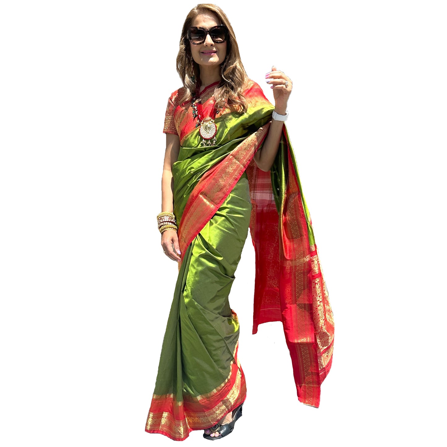 Maharani's Pure Banarasi Silk Saree - Parrot Green (with stitched Petticoat)
