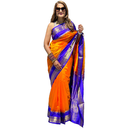 Maharani's Pure Banarasi Silk Saree - Yellow/Orange (with stitched Petticoat)