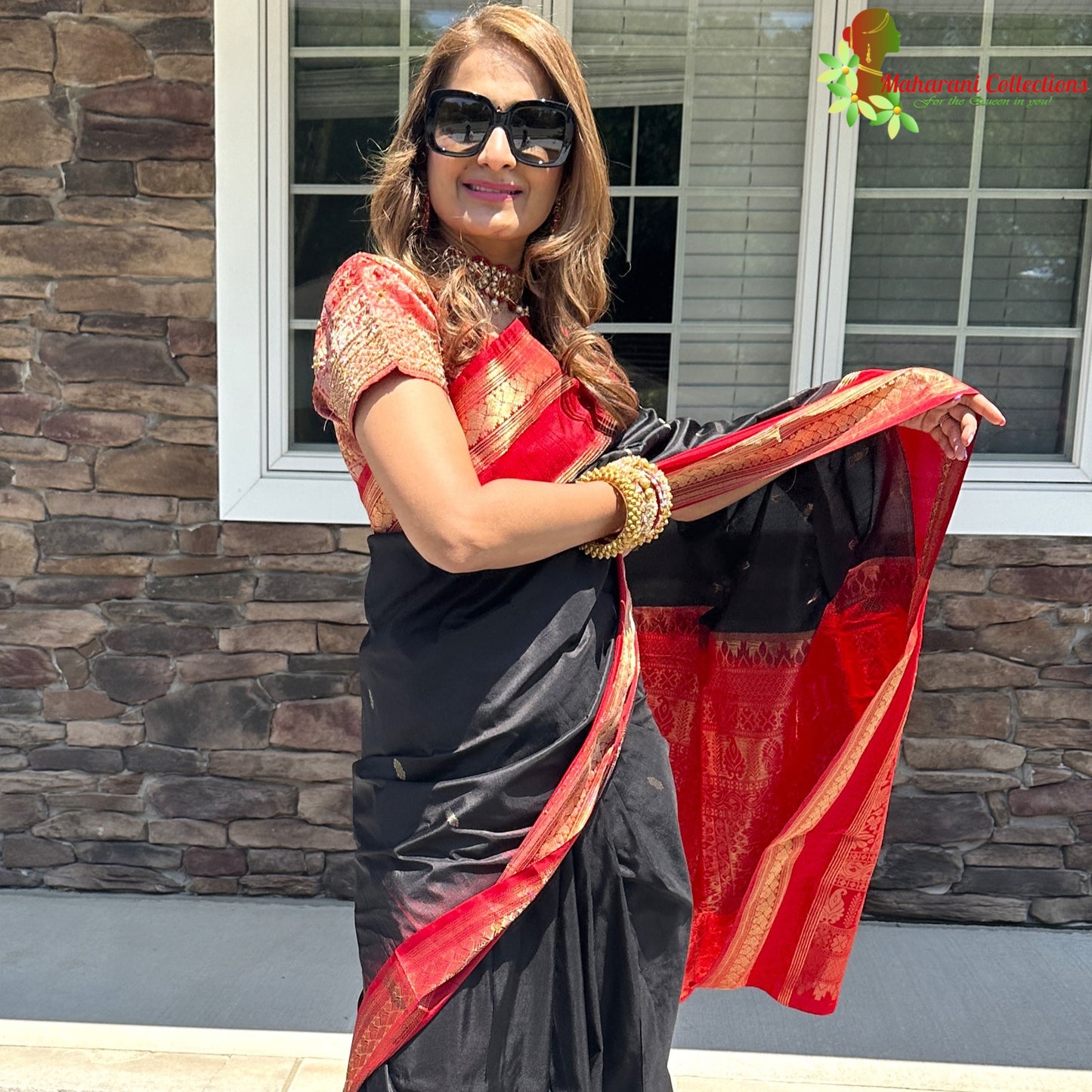 Maharani's Pure Banarasi Silk Saree - Black (with stitched Petticoat)