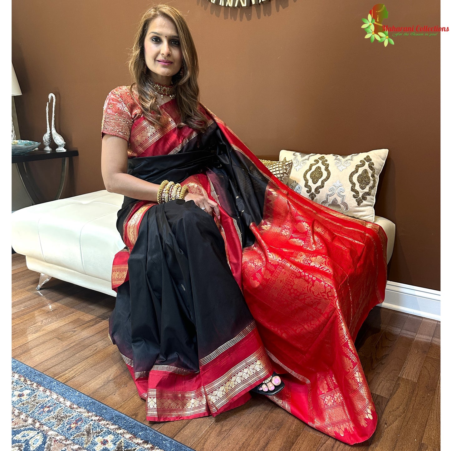 Maharani's Pure Banarasi Silk Saree - Black (with stitched Petticoat)