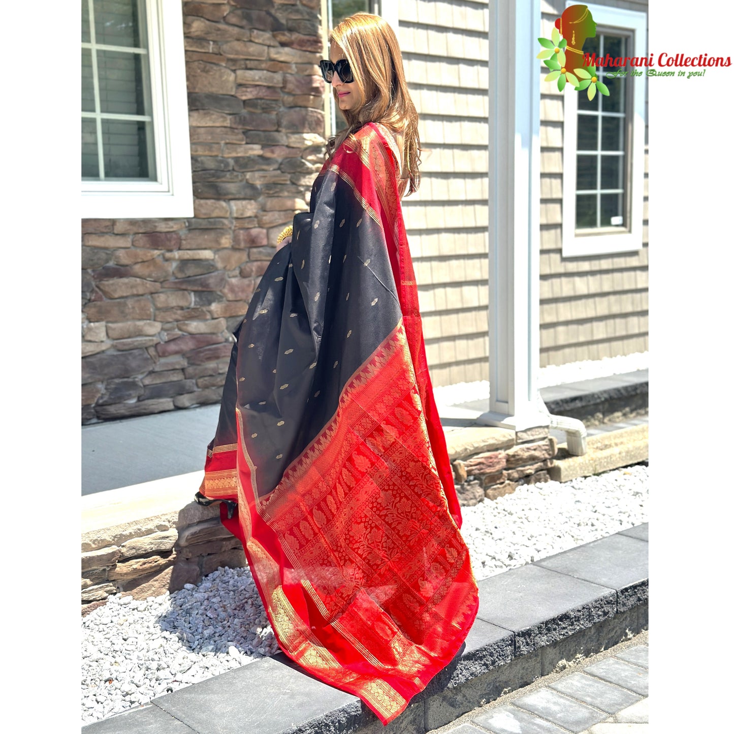 Maharani's Pure Banarasi Silk Saree - Black (with stitched Petticoat)