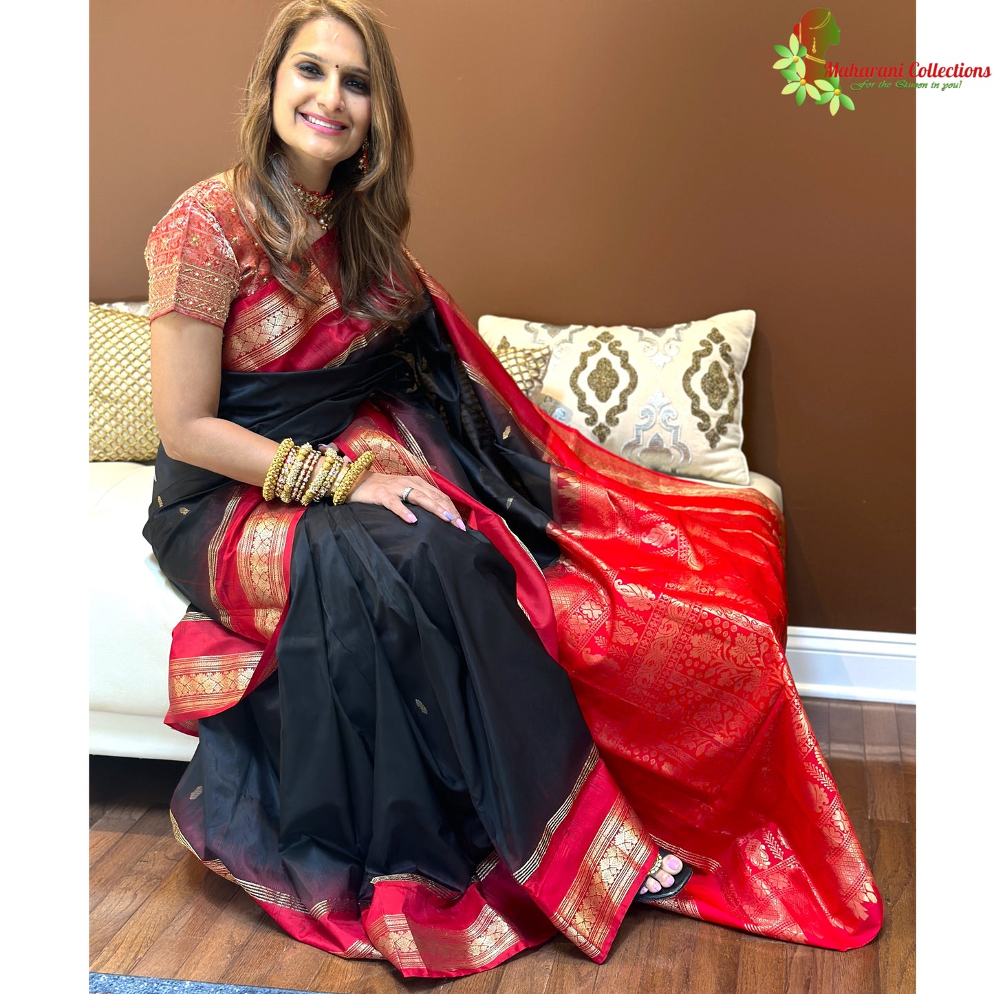 Maharani's Pure Banarasi Silk Saree - Black (with stitched Petticoat)