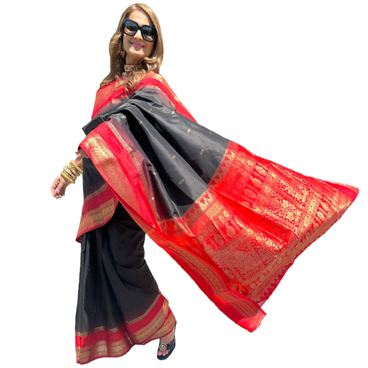 Maharani's Pure Banarasi Silk Saree - Black (with stitched Petticoat)