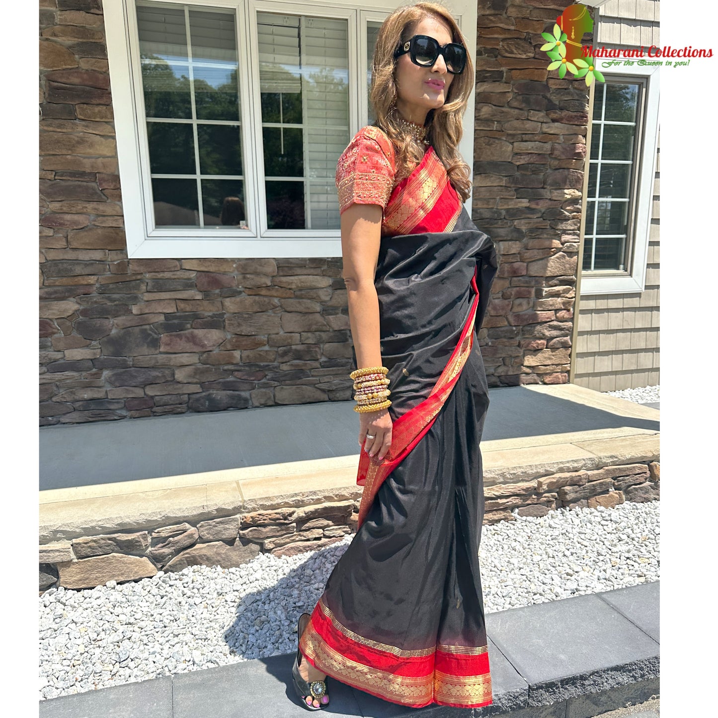 Maharani's Pure Banarasi Silk Saree - Black (with stitched Petticoat)
