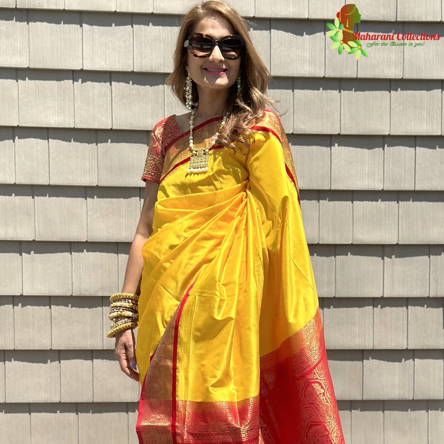 Maharani's Pure Banarasi Silk Saree - Bridal Yellow (with stitched Petticoat)