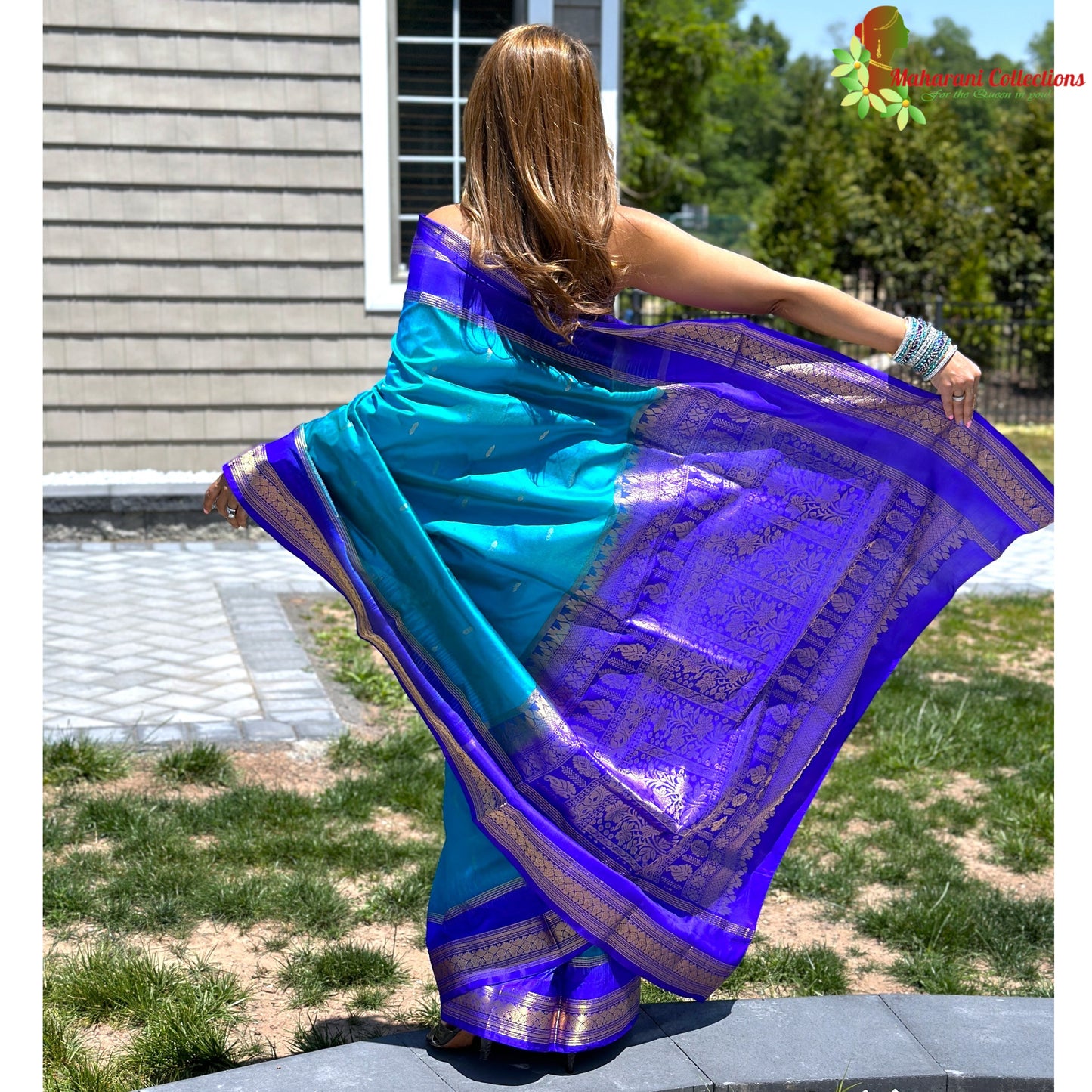 Maharani's Pure Banarasi Silk Saree - Sky Blue (with stitched Petticoat)
