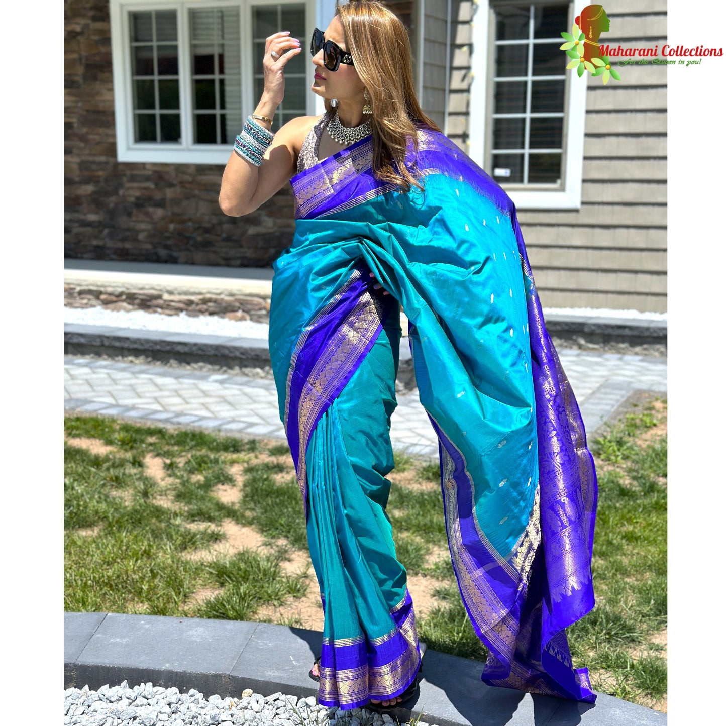 Maharani's Pure Banarasi Silk Saree - Sky Blue (with stitched Petticoat)